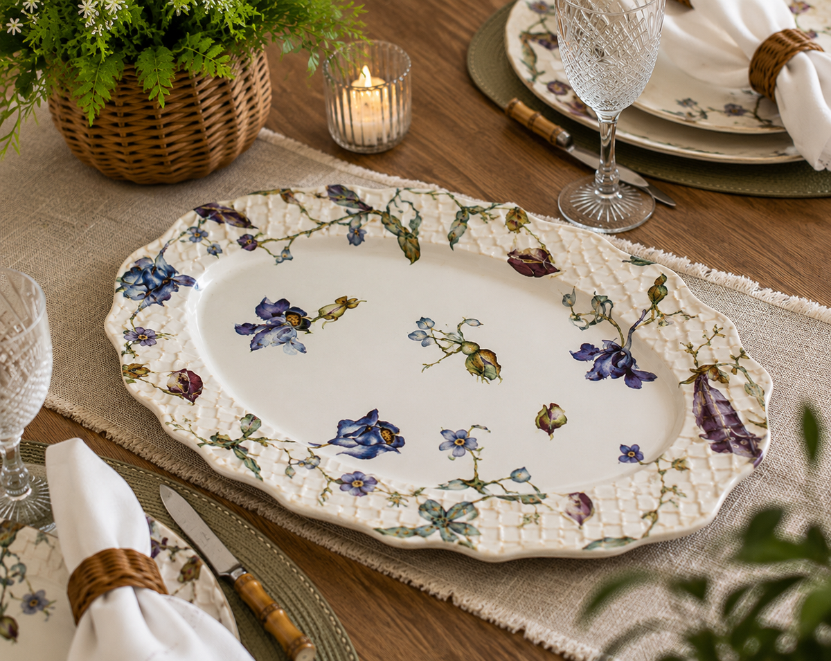 Travessa Oval de Cerâmica Floral com Borda Texturizada 30x20cm