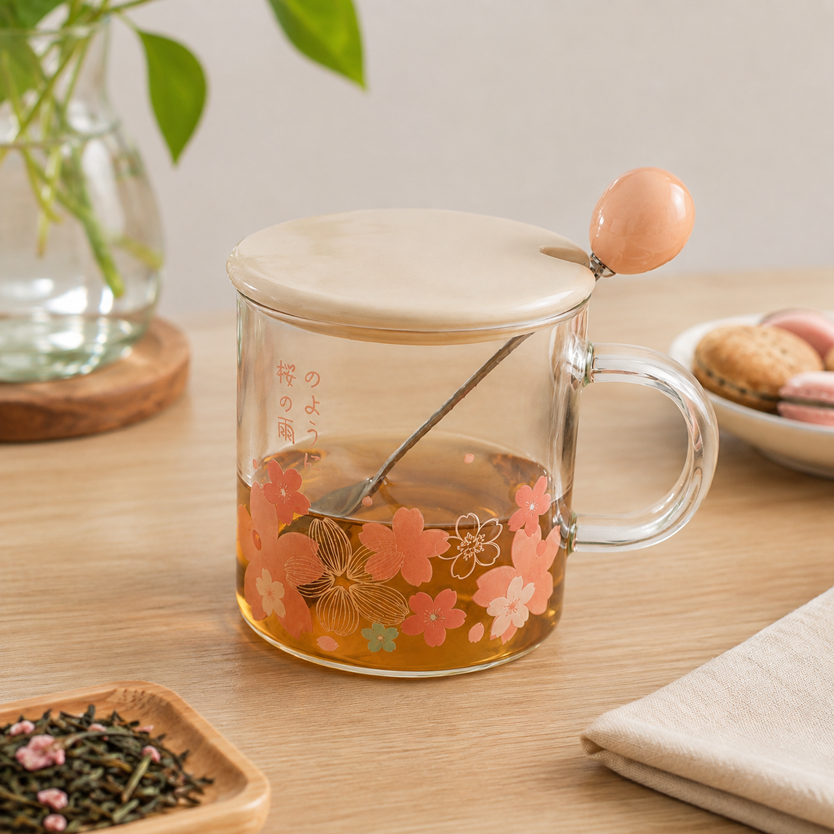 Caneca de Vidro com Tampa e Colher Floral – 350ml