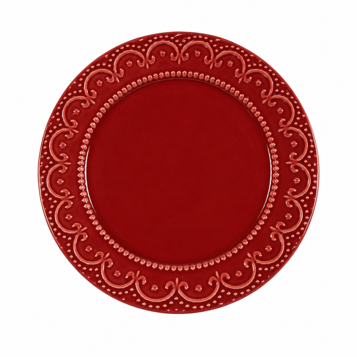 Prato Raso de Cerâmica Vermelho com Relevo e Contas – 27 cm