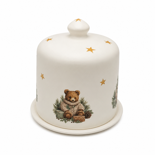 Panetoneira Natal de Cerâmica Urso com Estrelas Douradas – 21x21 cm