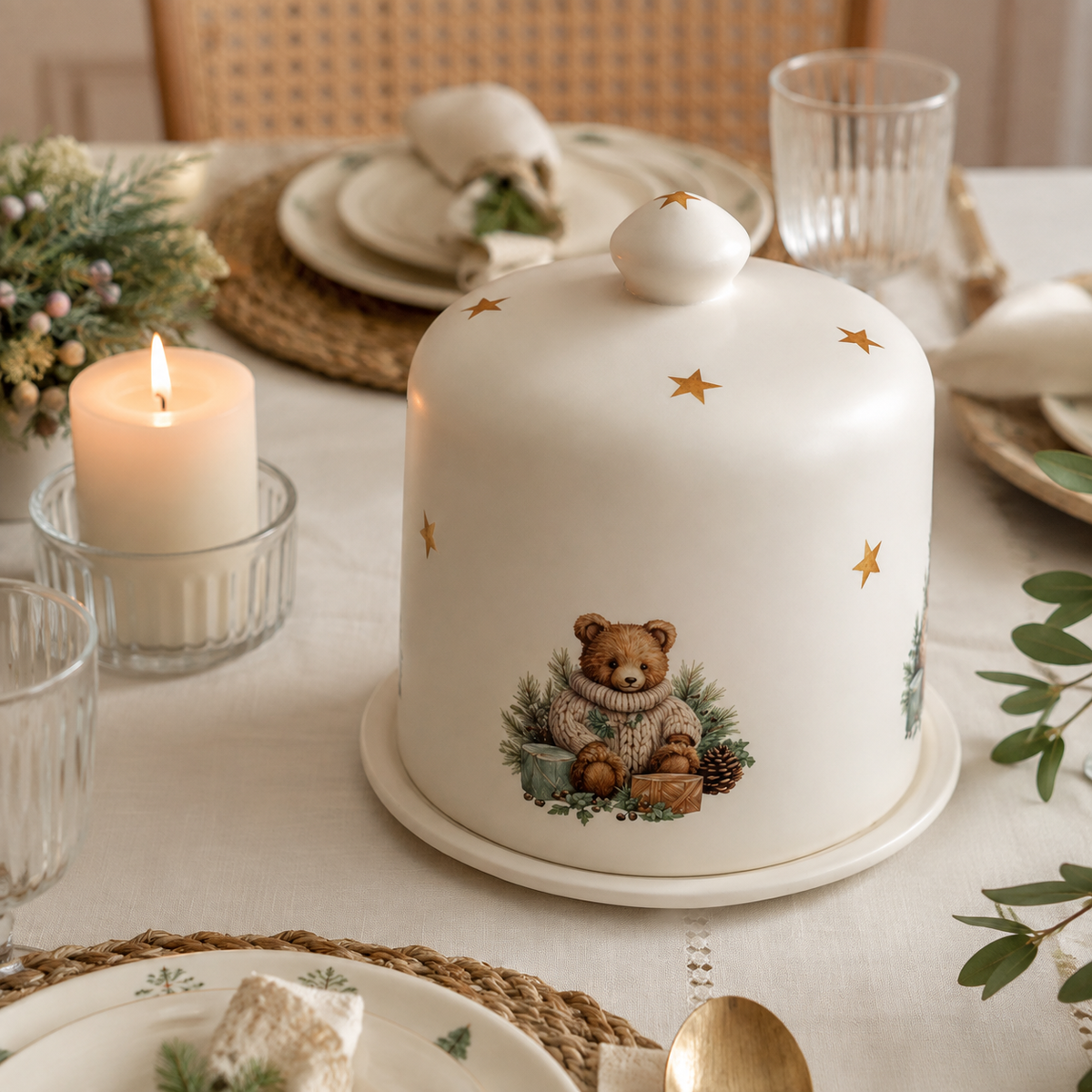 Panetoneira Natal de Cerâmica Urso com Estrelas Douradas – 21x21 cm