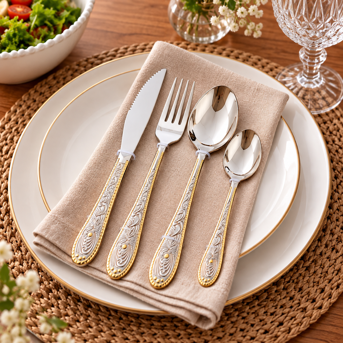 Jogo de Talheres 24 Peças 6 Lugares Dourado e Prata em Aço Inox