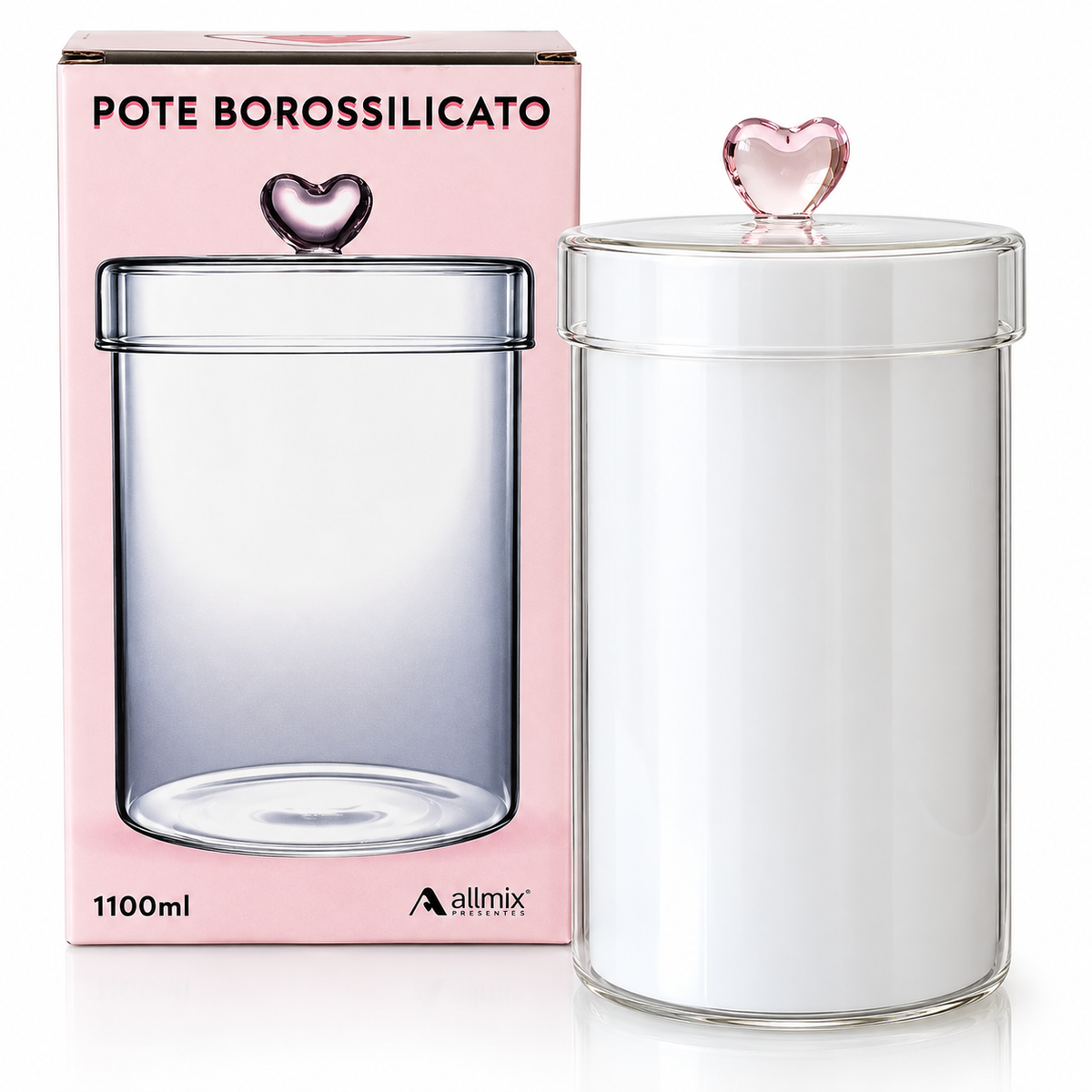 Pote Transparente Médio com Tampa e Puxador de Coração Rosa 900 ml
