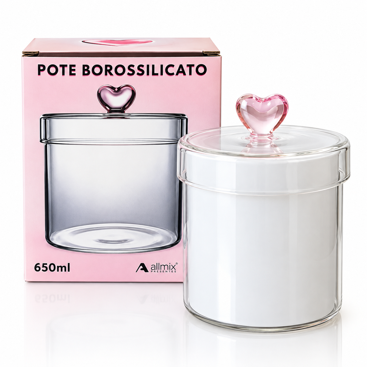 Pote Hermético Transparente Pequeno com Tampa e Puxador de Coração Rosa