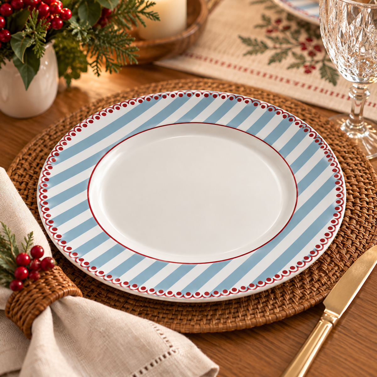 Prato Raso de Cerâmica Listrado Azul e Branco com Borda Vermelha 29cm