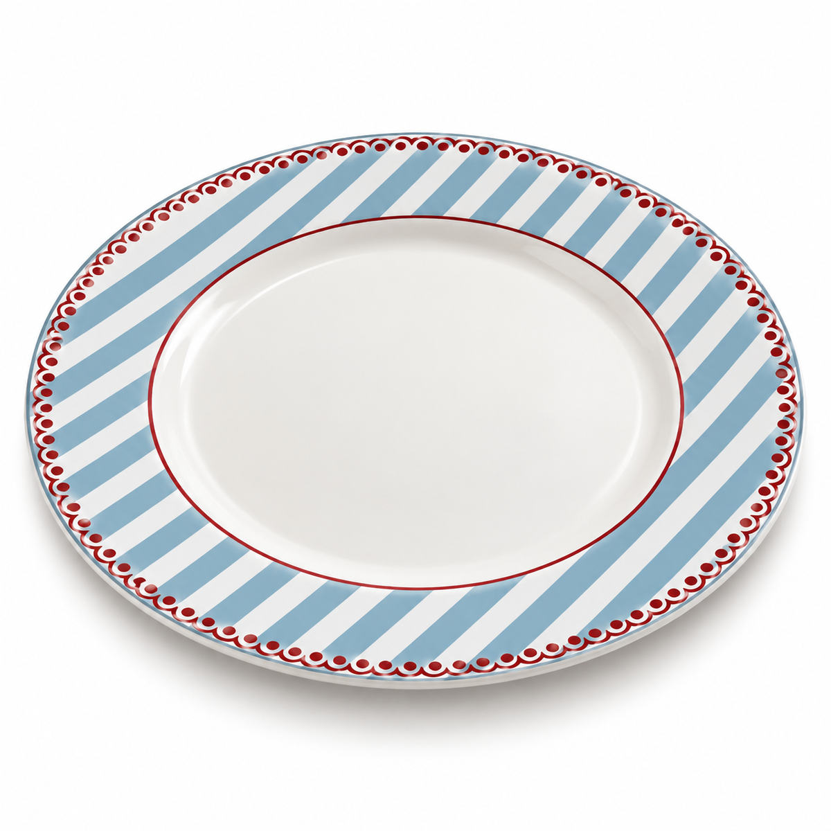 Prato Raso de Cerâmica Listrado Azul e Branco com Borda Vermelha 29cm