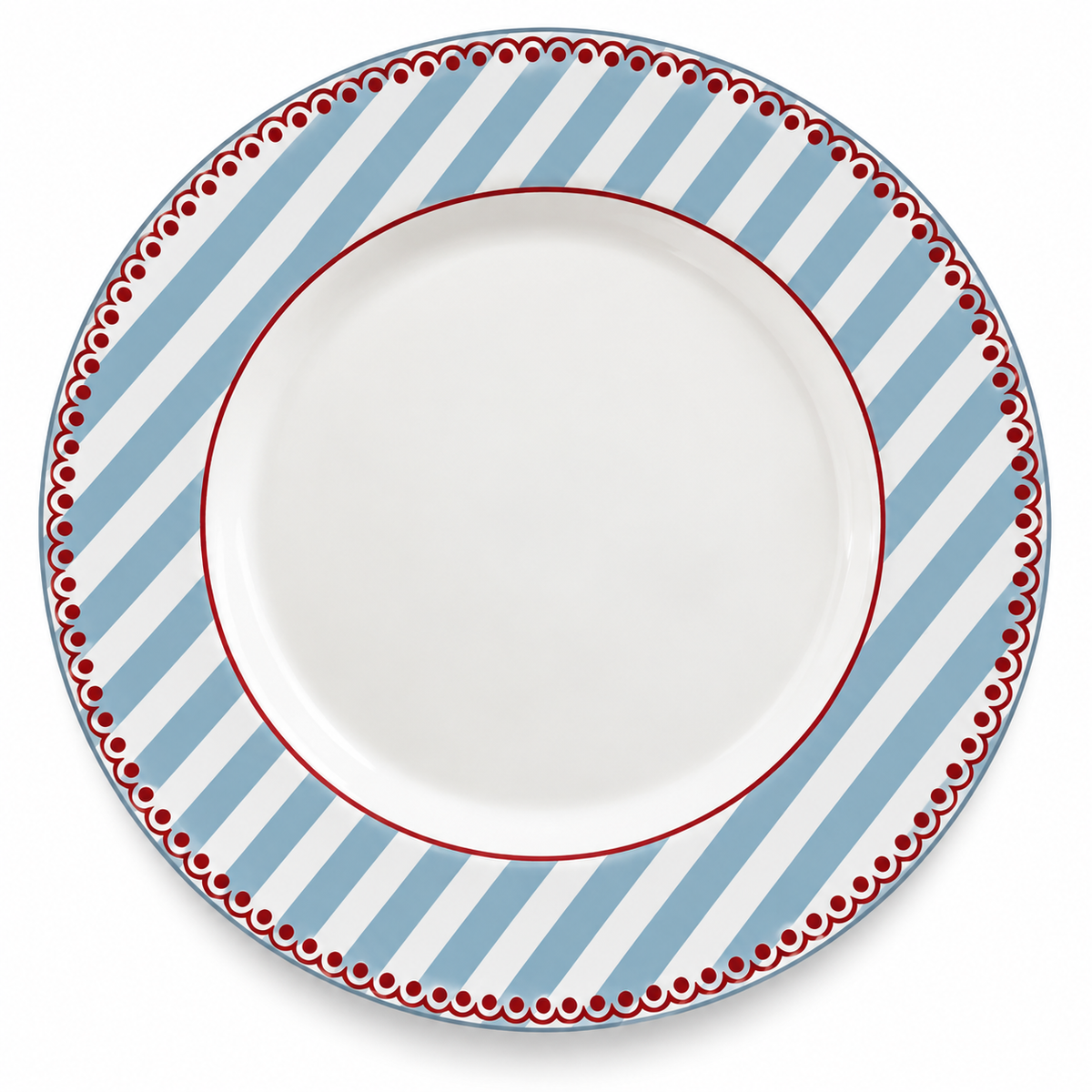 Prato Raso de Cerâmica Listrado Azul e Branco com Borda Vermelha 29cm