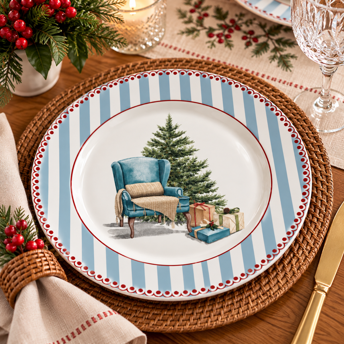 Prato Raso de Cerâmica Natalino 29cm – Poltrona e Árvore de Natal