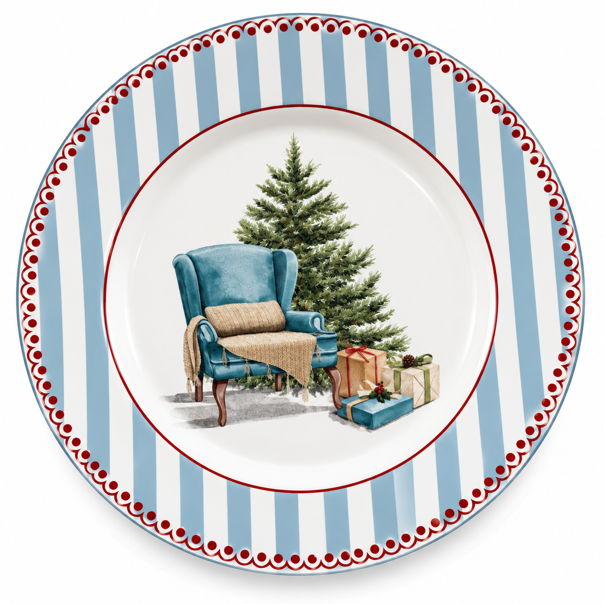 Prato Raso de Cerâmica Natalino 29cm – Poltrona e Árvore de Natal