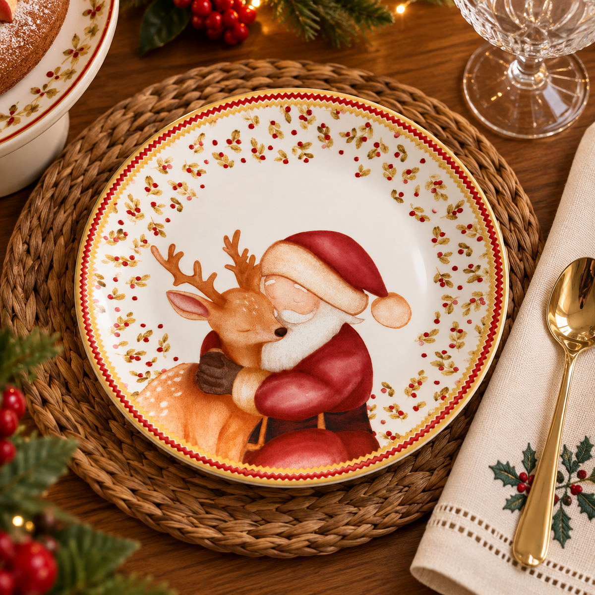 Prato de Sobremesa Natalino Papai Noel e Rena – 21cm