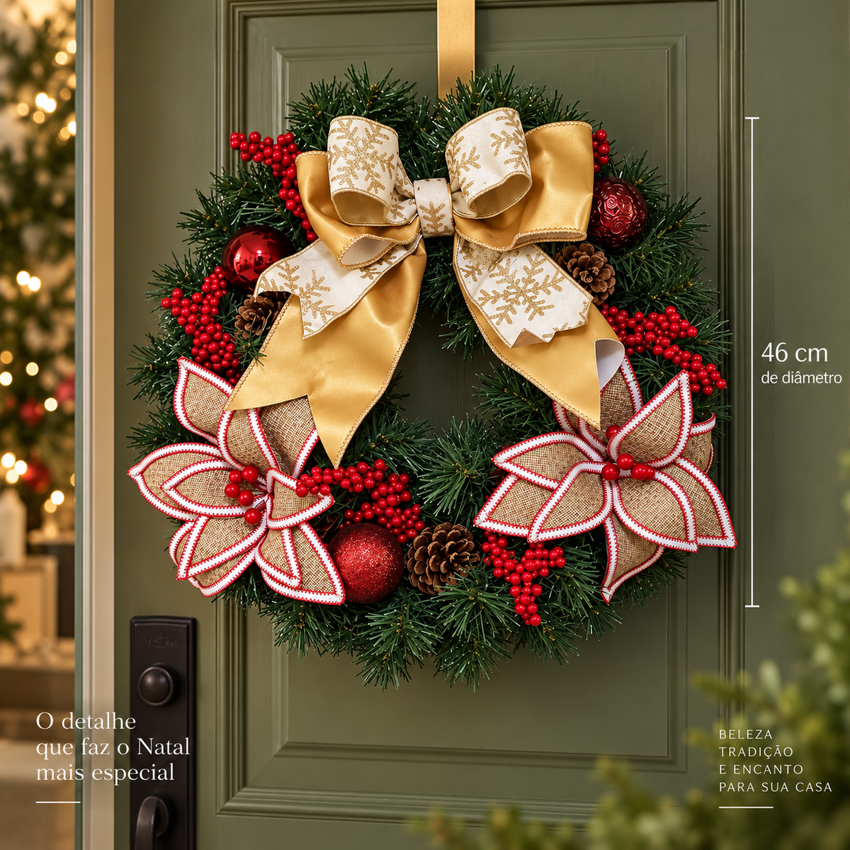 Guirlanda de Natal Dourada e Vermelha 46 cm – Elegância e Encanto