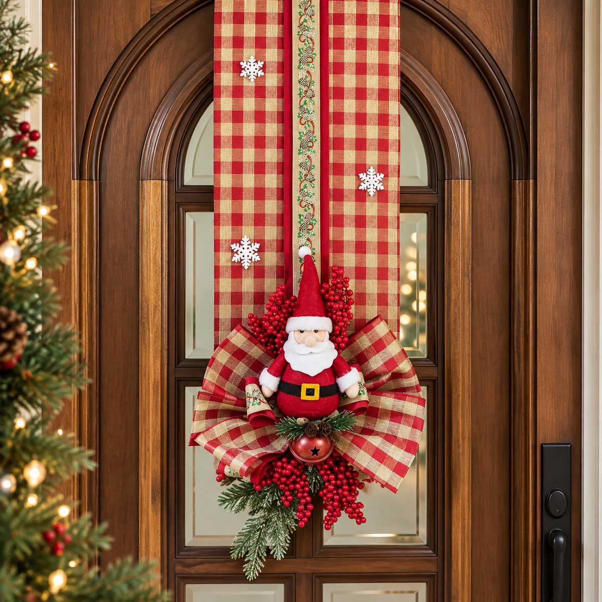 Escapulário de Natal com Papai Noel e Laço Xadrez Vermelho – Decoração de Porta