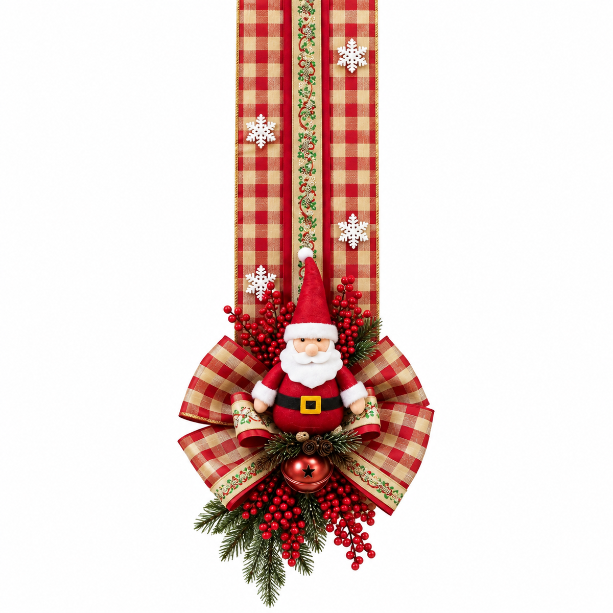Escapulário de Natal com Papai Noel e Laço Xadrez Vermelho – Decoração de Porta