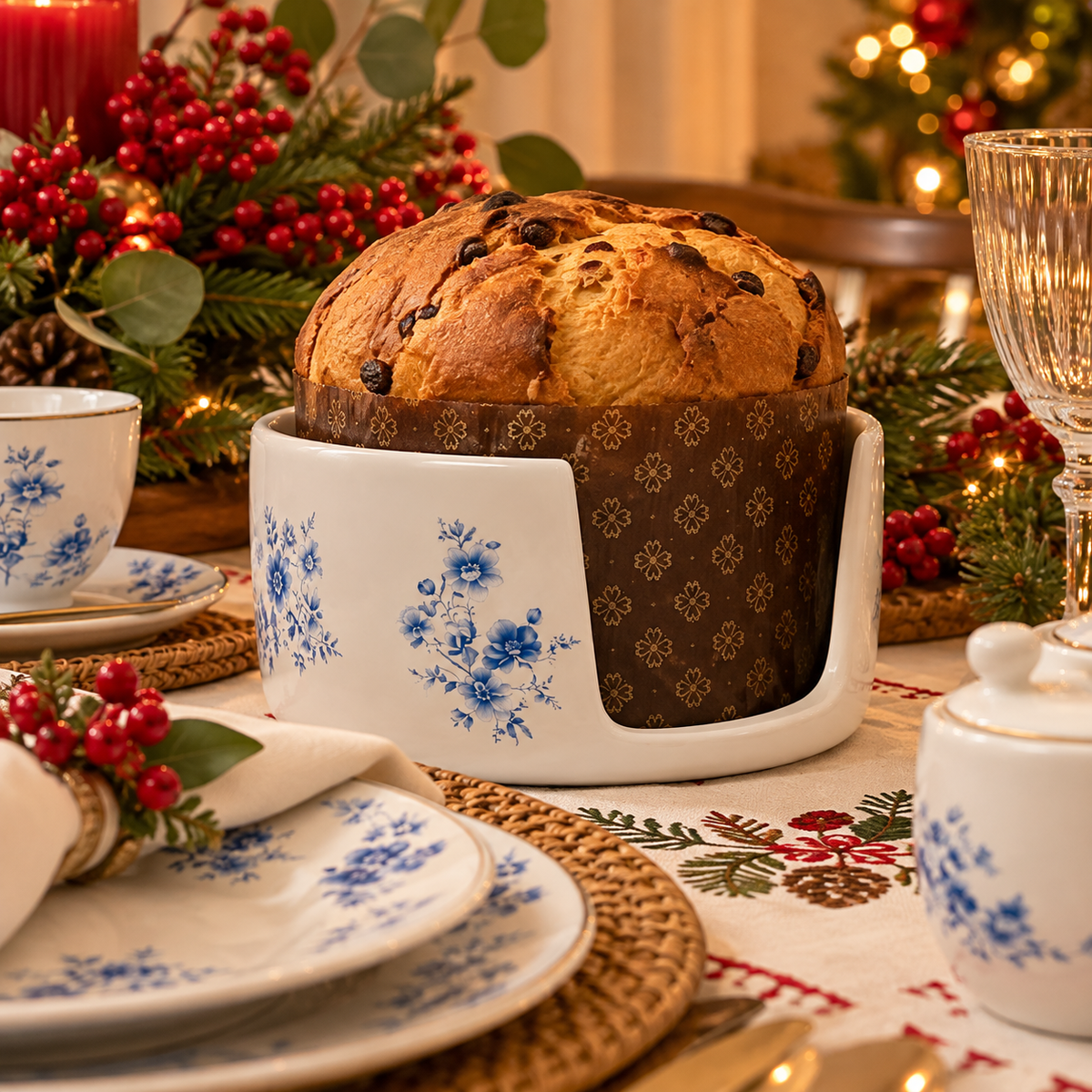 Porta Panetone de Porcelana Branca com Estampa Floral Azul